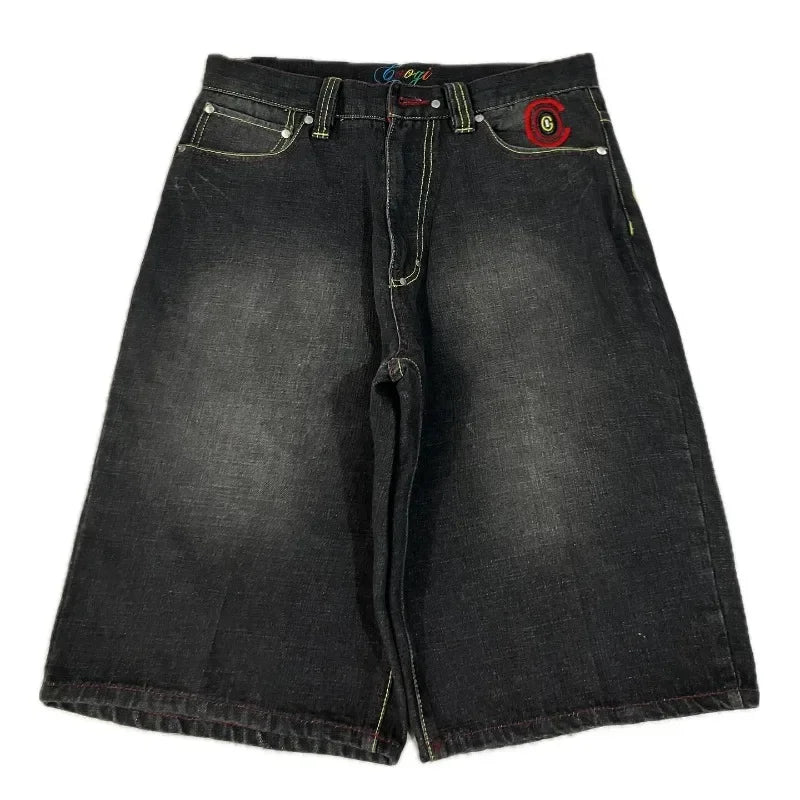Vintage Fashion New Letter Geometric Embroidery Baggy Denim Shorts Women Y2K Gothic Hip Hop Casual High-waisted Cropped Trousers