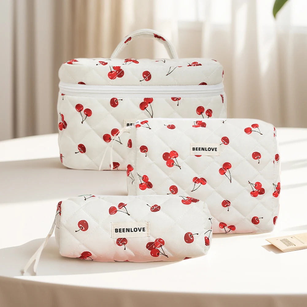 3pcs Aesthetic Cosmetic Organizer Set Quilted Cotton Sweet  Women Makeup Pouch Cherry/Heart Pattern Skincare Clutch Toiletry Bag