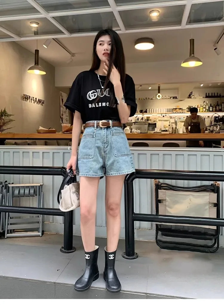 Retro High Waist Straight Jeans Shorts Female Hot Girl Versatile Slim A-line Loose Wide-leg Hot Pants Ins