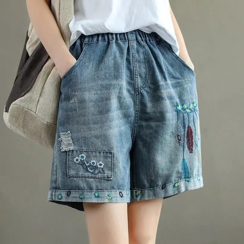 Fashion Korean High Waist Embroidery Denim Shorts for Female Summer Casual Pockets Spliced Loose Wide Leg Pants Women's Clothing