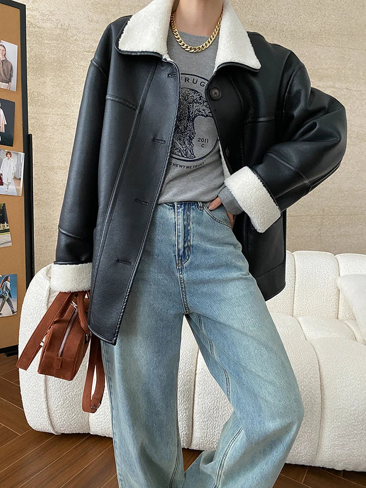 [LANMREM] Faux Fur Thick Warm Coats Lapel Single Breasted Office Lady Elegant Female Outwear Fashion 2025 Winter New 26C1095