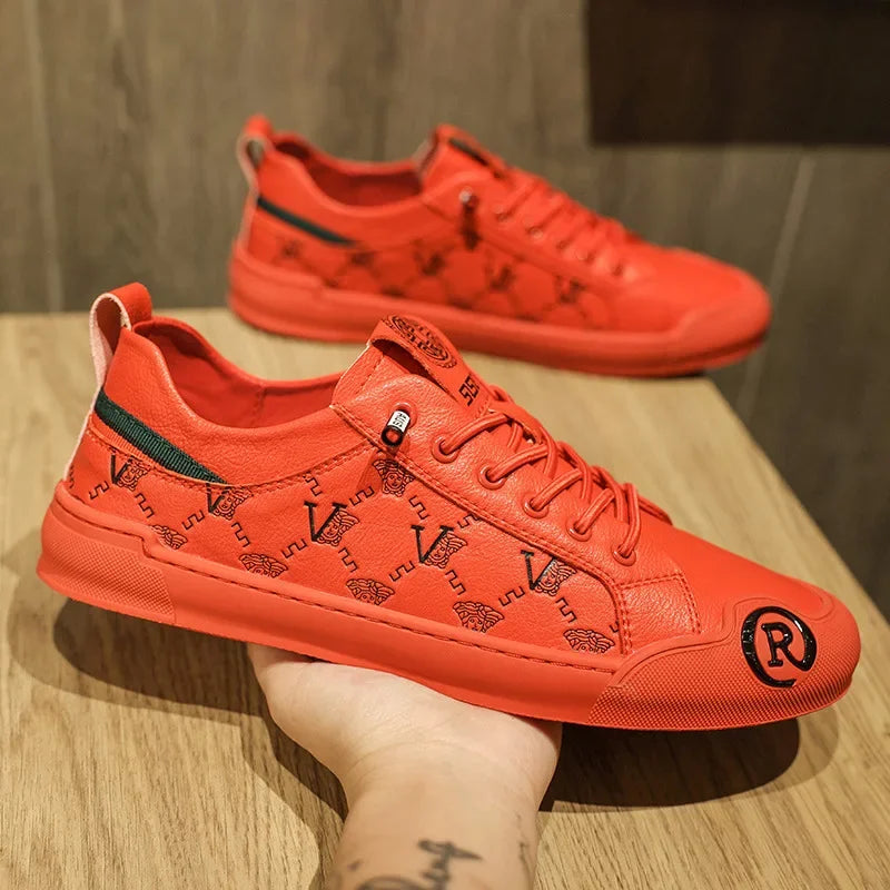 European Station Leather Fashion Men's Sneakers Men Shoes Man Embossed All Fashion Leather Red Casual Shoes for Men Men Shoes