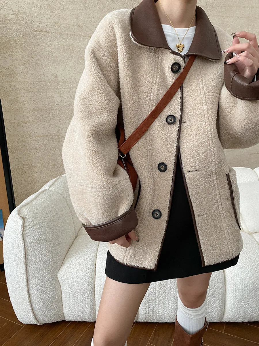 [LANMREM] Faux Fur Thick Warm Coats Lapel Single Breasted Office Lady Elegant Female Outwear Fashion 2025 Winter New 26C1095