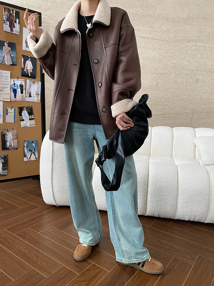 [LANMREM] Faux Fur Thick Warm Coats Lapel Single Breasted Office Lady Elegant Female Outwear Fashion 2025 Winter New 26C1095