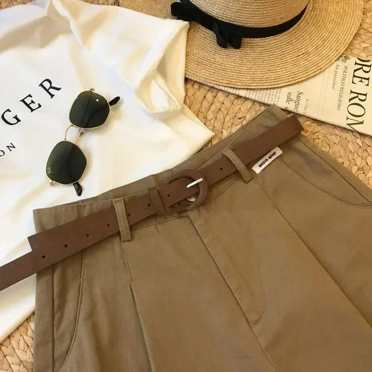 Wide Leg Shorts for Women Summer Thin Cotton A Line Short Pants Office Lady Classic Loose Casual Zipper Women‘s Shorts   high