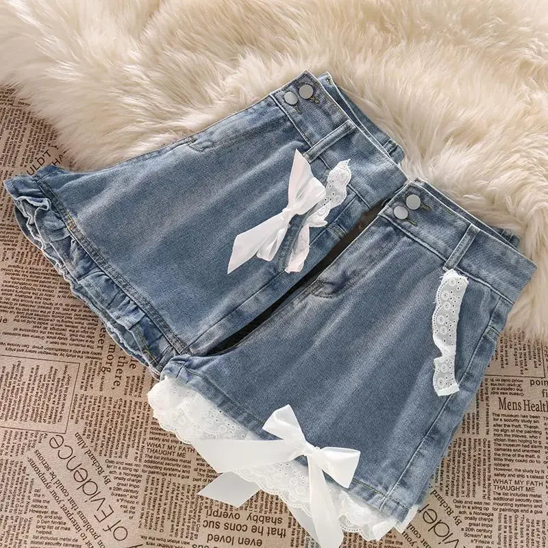 Japanese Preppy Style Bow Lace Patchwork Y2k Shorts Women Summer Straight Hotsweet High Waist Denim Short Pants Ruched