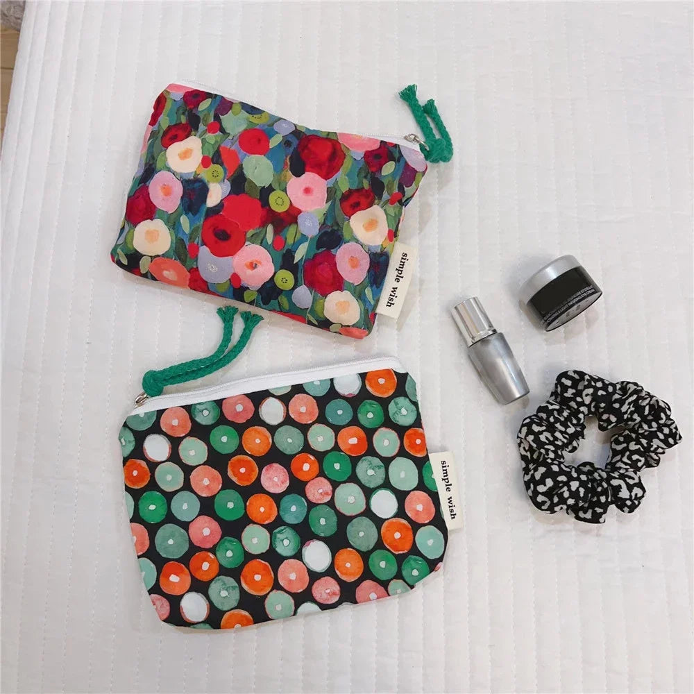Fresh Floral Print Cotton Lipstick Purse Mini Storage Small Cloth Bag Headphone Bag Travel Cosmetic Pouch Make Up Storage Bag