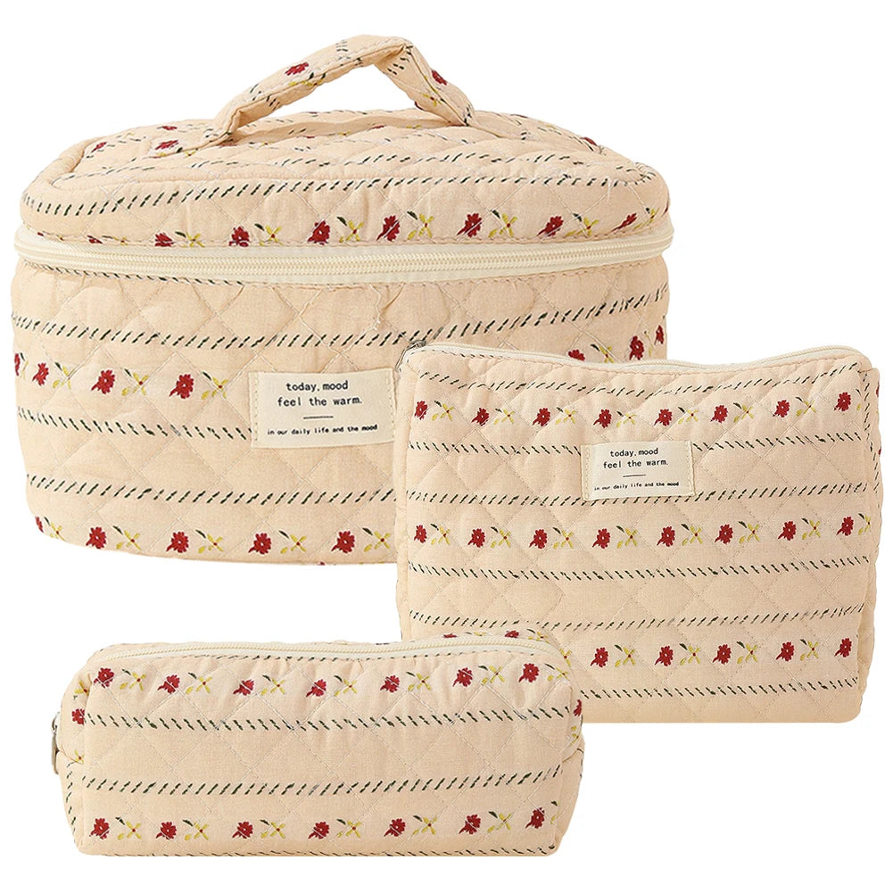 3pcs Aesthetic Cosmetic Organizer Set Quilted Cotton Sweet  Women Makeup Pouch Cherry/Heart Pattern Skincare Clutch Toiletry Bag