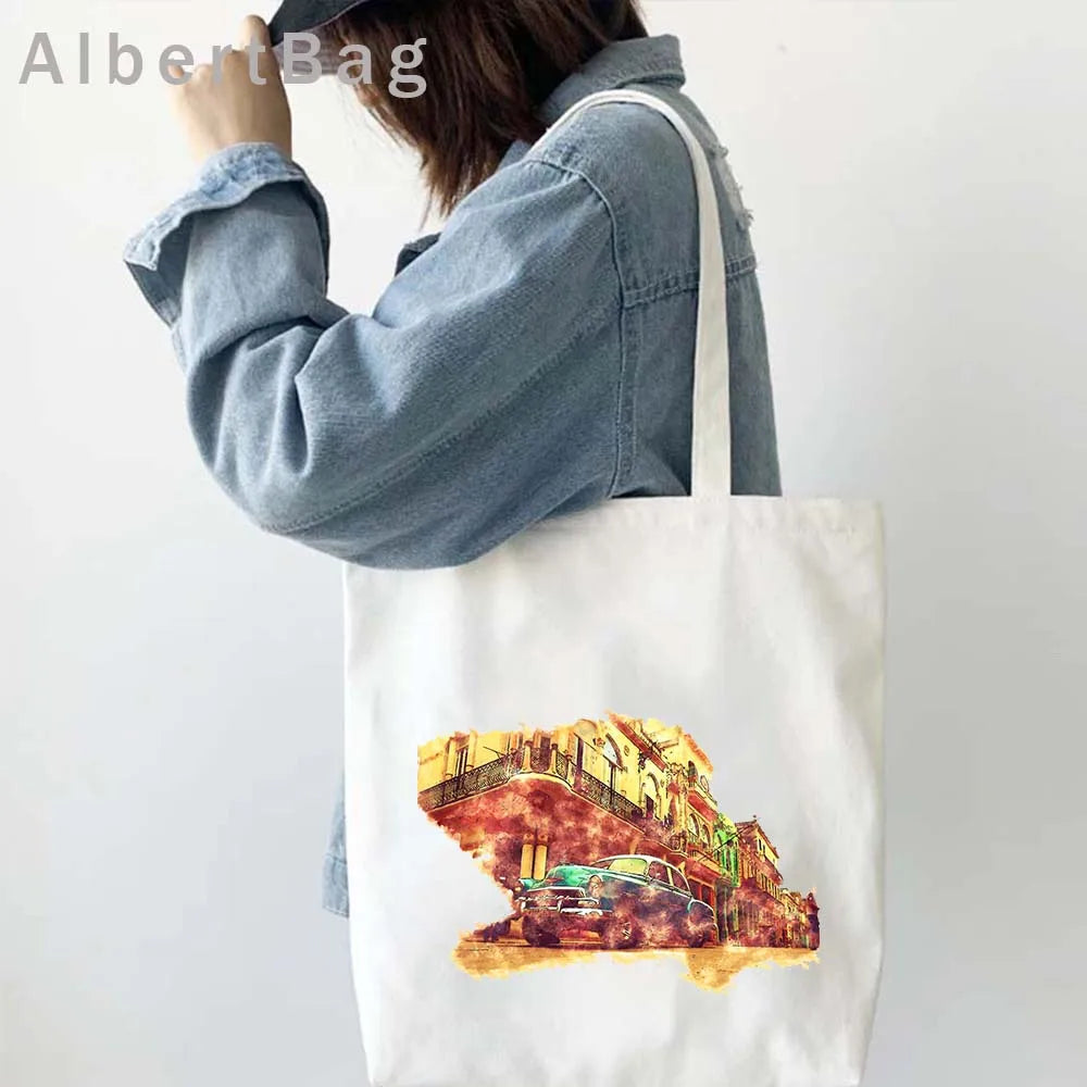 Cuba Country Map Flag Havana Travel Cuban Watercor Shopper Harajuku Canvas Totes Bag Cubana Girl Gift Love Heart Cotton Handbags