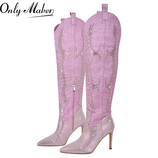Onlymaker Women Pink Over The Knee Boots Thin High Heel Lady  Decoration Zipper Winter Female Boots