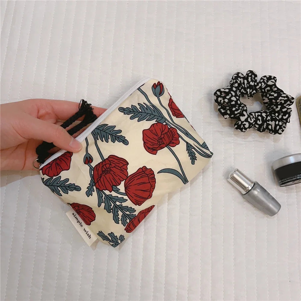 Fresh Floral Print Cotton Lipstick Purse Mini Storage Small Cloth Bag Headphone Bag Travel Cosmetic Pouch Make Up Storage Bag