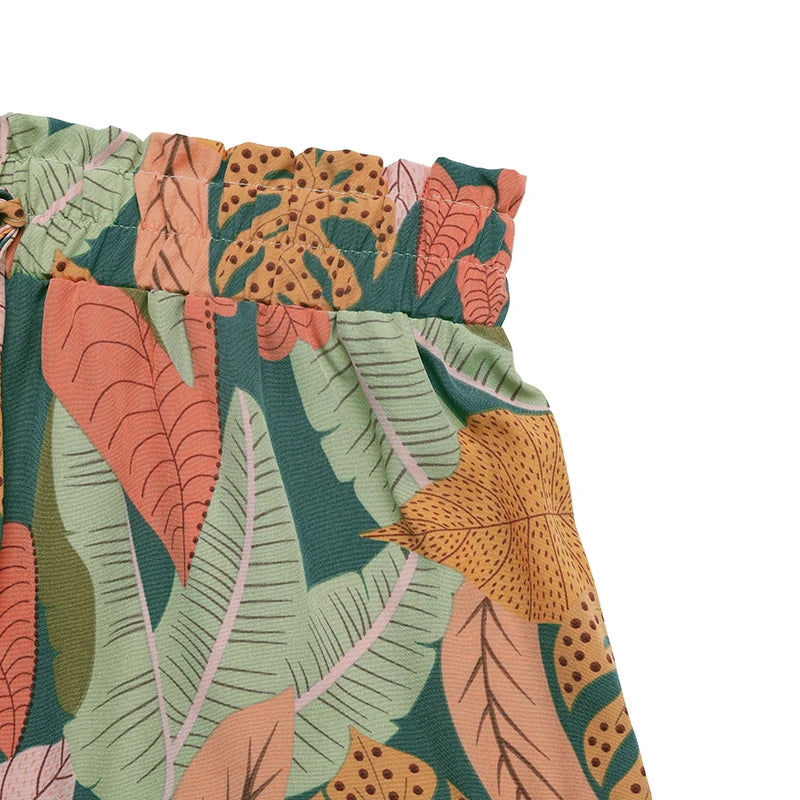 Tropical plant print faux style shorts for women in the summer of 2025, with a loose and comfortable waist