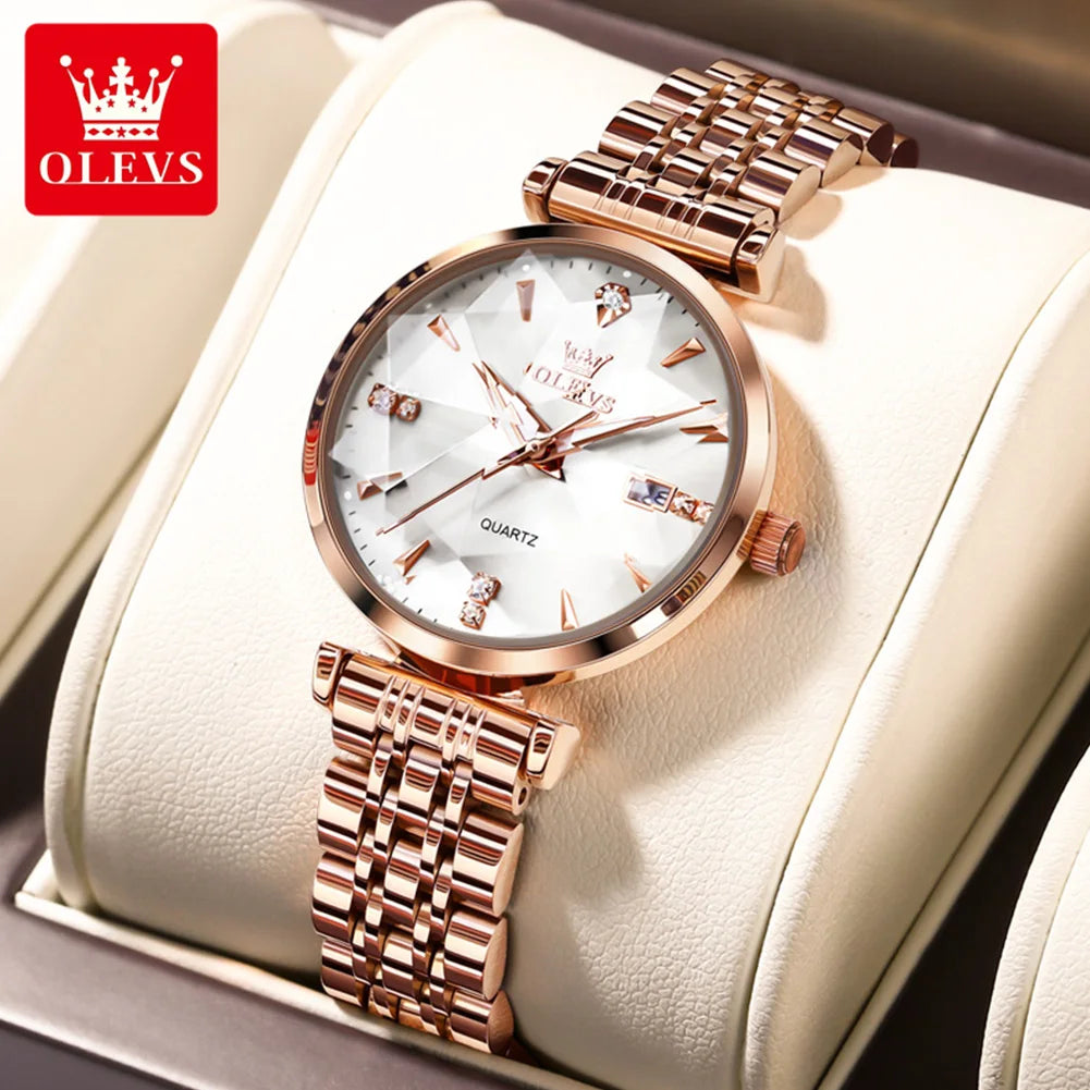OLEVS Women Luxury Jewelry Quartz Watch Waterproof Stainless steel Strap Rose Gold Watch for Women Fashion Watch Bracelet Set