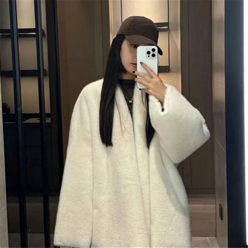 Faux Mink Fur Coat for Women, Open Stitch Jacket,V-Neck Outwear,Thick Furry,Autumn and Winter,New,2024