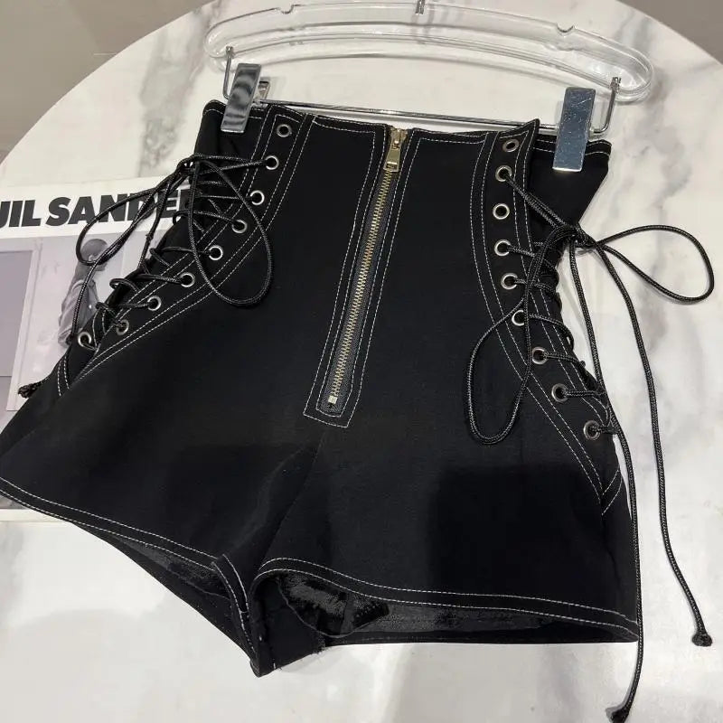 DEAT Women's Fashion High Waist Zipper Design Shorts Trendy Casual A-line Side Straps Short Pants Female Spring New 11A02658