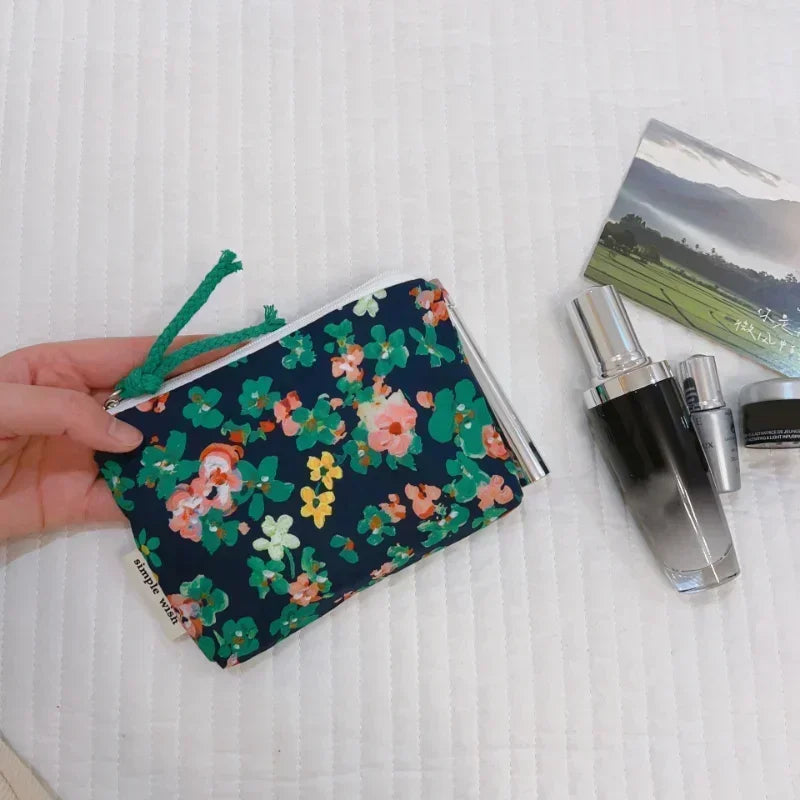 Fresh Floral Print Cotton Lipstick Purse Mini Storage Small Cloth Bag Headphone Bag Travel Cosmetic Pouch Make Up Storage Bag