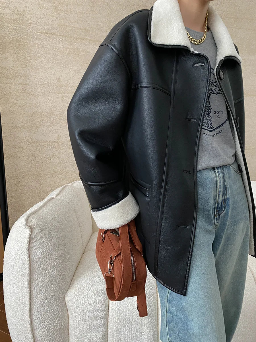 [LANMREM] Faux Fur Thick Warm Coats Lapel Single Breasted Office Lady Elegant Female Outwear Fashion 2025 Winter New 26C1095