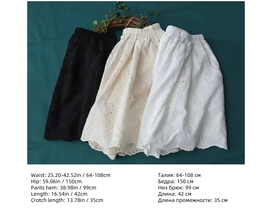 100% Cotton Linen Women Japanese Mori Girl Floral Embroidery Eyelet Wide Culottes Female Loose Edwardian Ibiza Boho Shorts Skirt