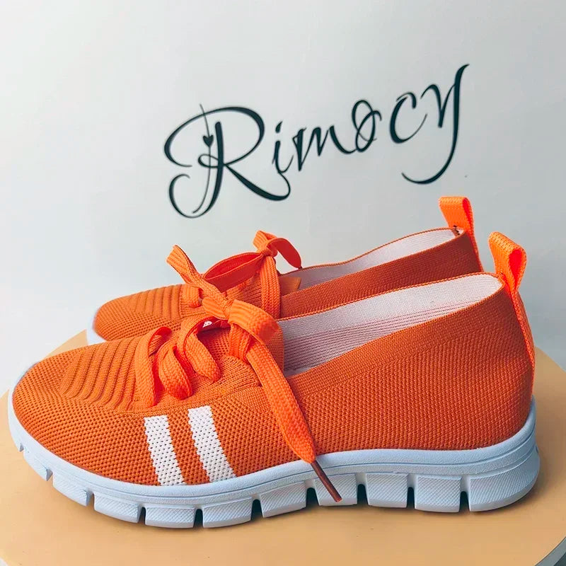 Lightweight Women Casual Shoes Mesh Breathable Casual Sneakers Woman Striped Knitted Flats Comfortable Walking Shoes Plus Size