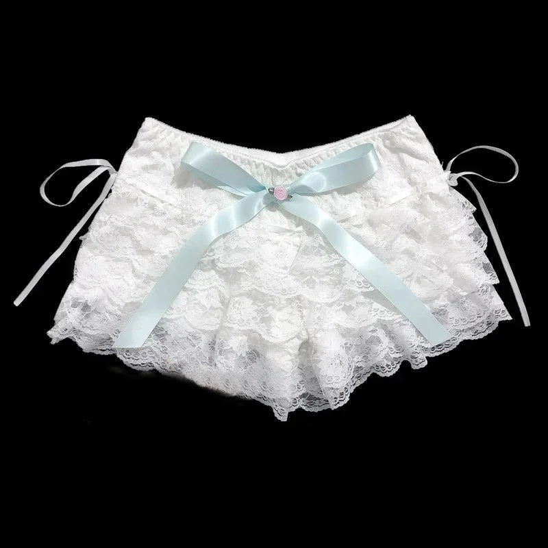 Multilayer Lace Shorts Women Lolita Ribbons Flower Ruffles Elastic Waist Cute Bottoming Shorts for Sweet Girls Kawaii Clothes