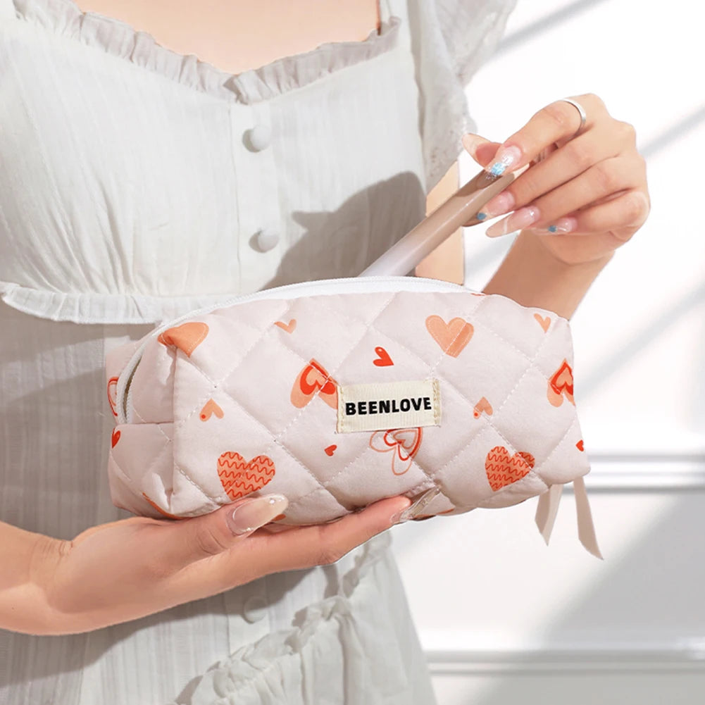 3pcs Aesthetic Cosmetic Organizer Set Quilted Cotton Sweet  Women Makeup Pouch Cherry/Heart Pattern Skincare Clutch Toiletry Bag