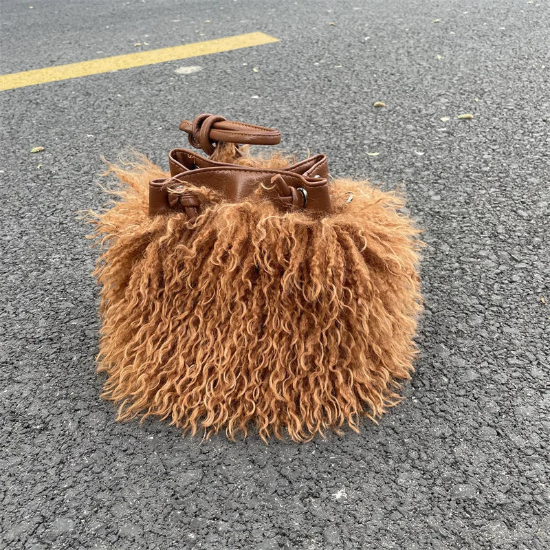 Luxury Colorful Tassels Furry Drawstring Bucket Bag Women Plush Handbag Harajuku Street Punk Y2k Hot Girls Faux Fur Shoulder Bag