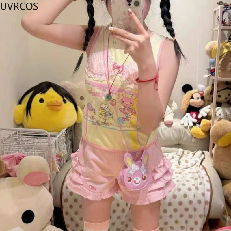 Pink Sweet Lolita Style Shorts Women Summer Kawaii Elastic Waist Ruffles Bow Short Pants Girl Japanese Y2k Aesthetic Cute Shorts
