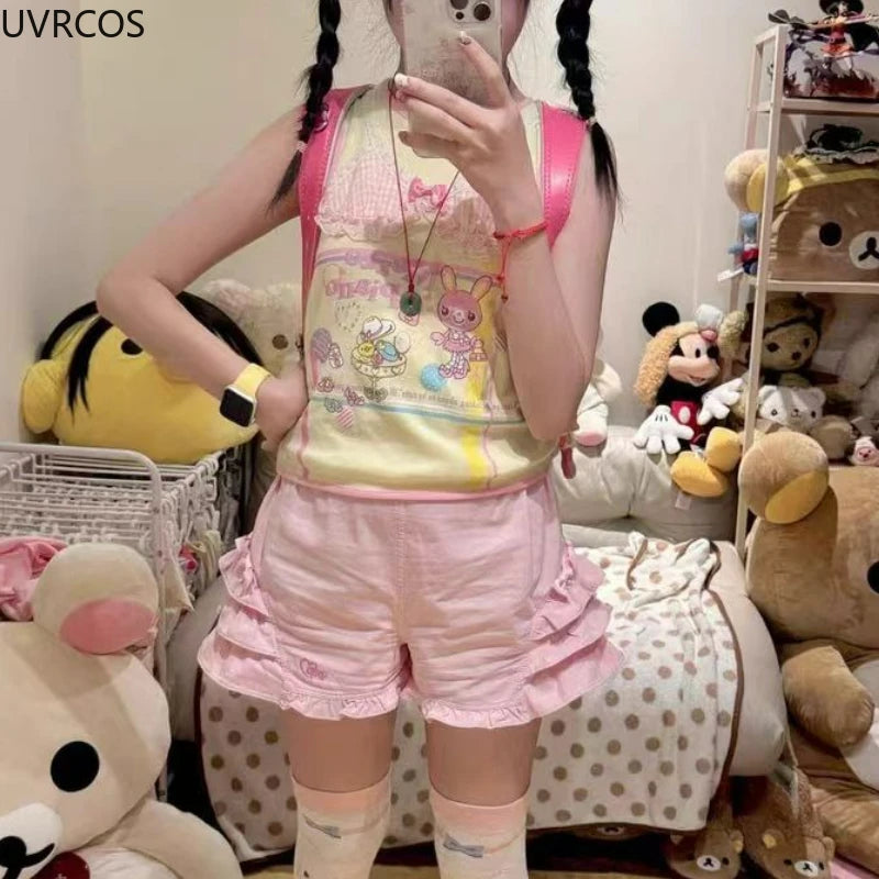 Pink Sweet Lolita Style Shorts Women Summer Kawaii Elastic Waist Ruffles Bow Short Pants Girl Japanese Y2k Aesthetic Cute Shorts