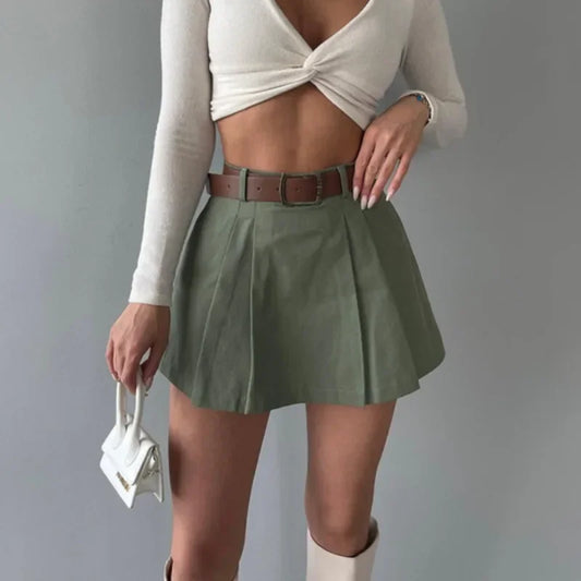 Vintage Solid Shorts Skirts For Women Autumn Casual Women's High Waist Pleated Mini Skirts Female Street Slim Shorts With Belt