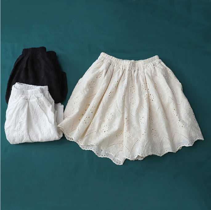 100% Cotton Linen Women Japanese Mori Girl Floral Embroidery Eyelet Wide Culottes Female Loose Edwardian Ibiza Boho Shorts Skirt