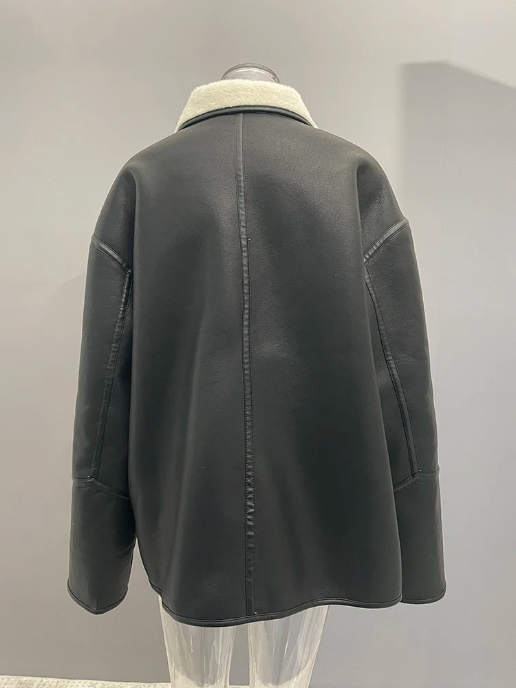 [LANMREM] Faux Fur Thick Warm Coats Lapel Single Breasted Office Lady Elegant Female Outwear Fashion 2025 Winter New 26C1095