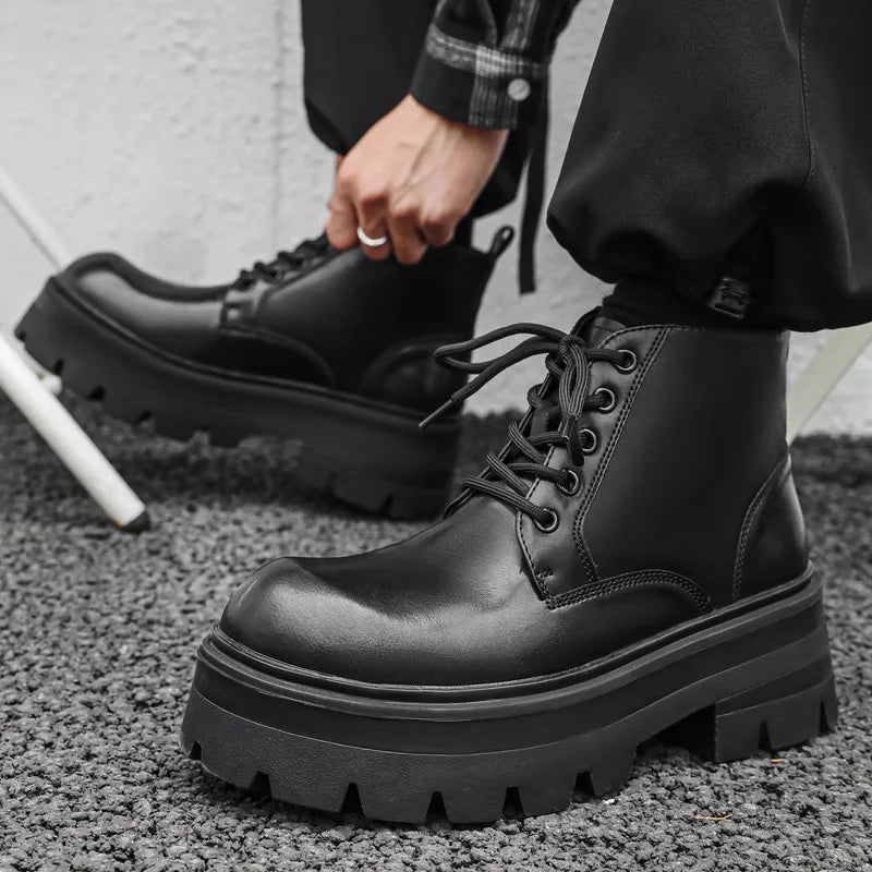 Korean style men fashion platform boots black white genuine leather shoes cowboy chunky boot spring autumn cool ankle botas mans