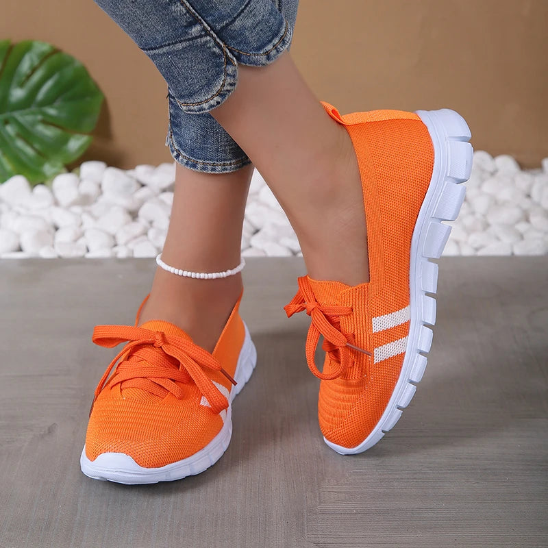 Lightweight Women Casual Shoes Mesh Breathable Casual Sneakers Woman Striped Knitted Flats Comfortable Walking Shoes Plus Size