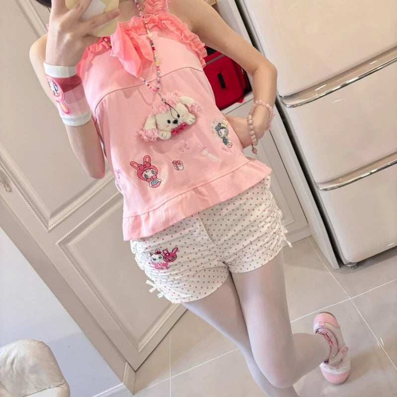 Japanese Sweet Cartoon Embroidery Lolita Shorts Women Kawai Polka Dot Print Hollow Out Bow Short Pants Y2k Aesthetic Cute Shorts