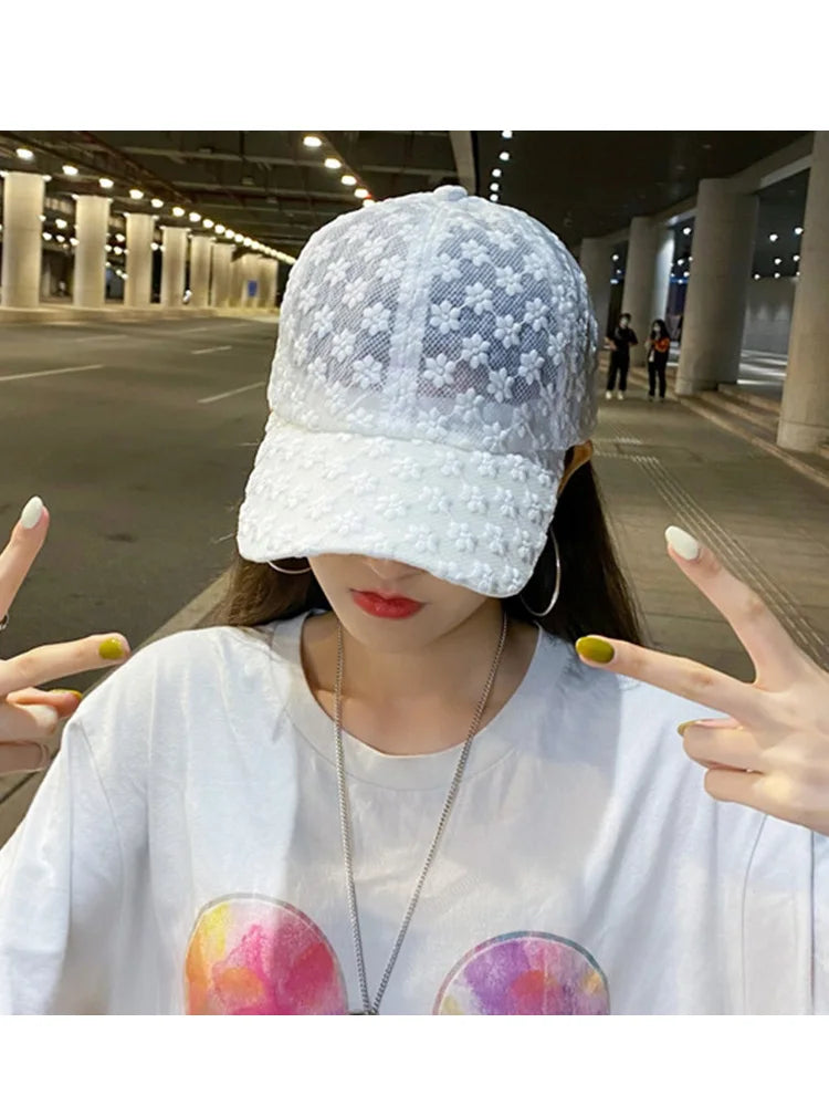 Women's Floral Lace Baseball Cap Adjustable Sun Protection Breathable Hat  Polyester Fabric, Hand Wash or Dry Clean, Non-Stretch