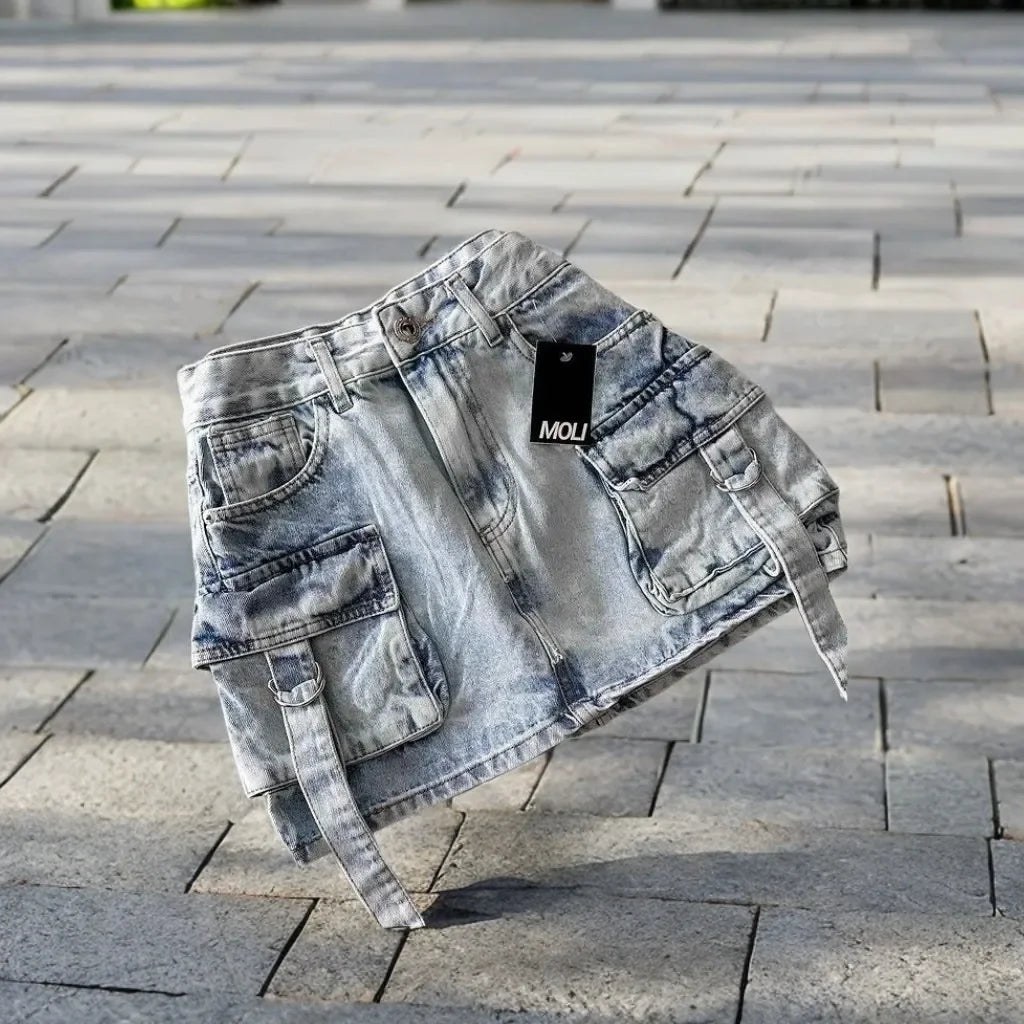 Y2K Short Skirt Fashion Gothic Cargo Baggy Denim Shorts Retro Blue Multi Pocket Denim Shorts Womens High Waist Slim Mini Skirt