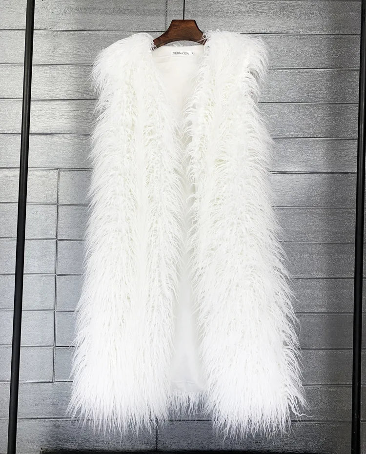 Winer Women Warm Faux Fur Plush Coats Mongolia Sheep Fur Women Long Vest Female Jacket Autumn Furry Sleeveless Outerwear 2024