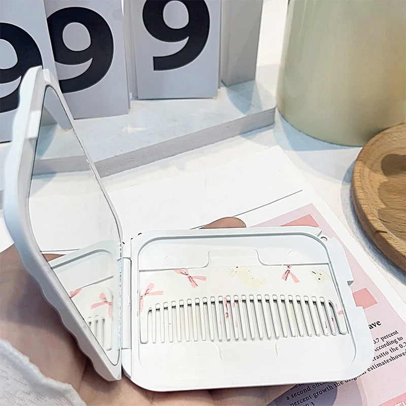 White Rabbit Bow Flip-Top Folding Makeup Mirror Portable Pocket Mirror Women Rectangle Cosmetic Make Up Mirror With Comb