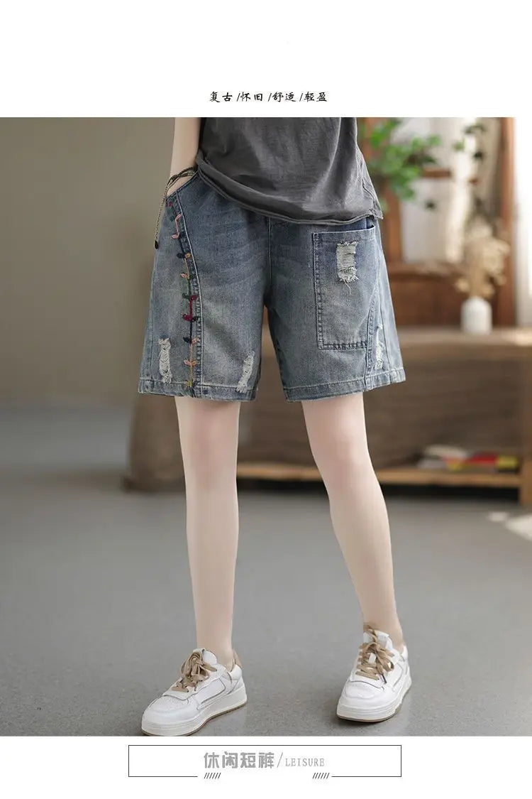 Fashion Korean High Waist Embroidery Denim Shorts for Female Summer Casual Pockets Spliced Loose Wide Leg Pants Women's Clothing