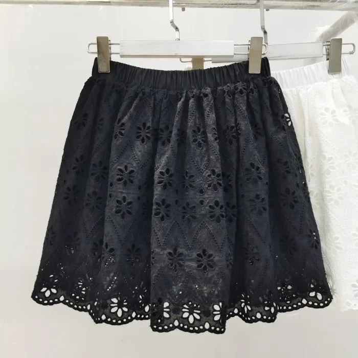 100% Cotton Linen Women Japanese Mori Girl Floral Embroidery Eyelet Wide Culottes Female Loose Edwardian Ibiza Boho Shorts Skirt