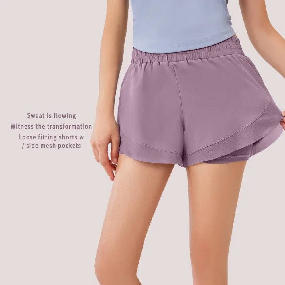 Fake Two Pairs of Sports Shorts, Women's Summer Mesh Quick Drying Training Running and Fitness Anti Glare Loose Running Pants