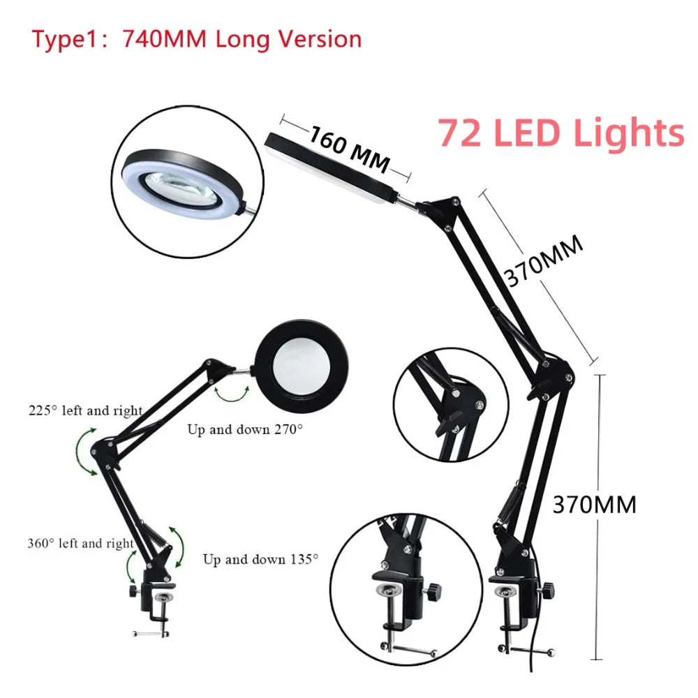 72LED 8X/10X NEW Illuminated Magnifier USB 3 Colors LED Magnifying Glass For Skincare Beauty/Table Lamp/Soldering Iron Repair