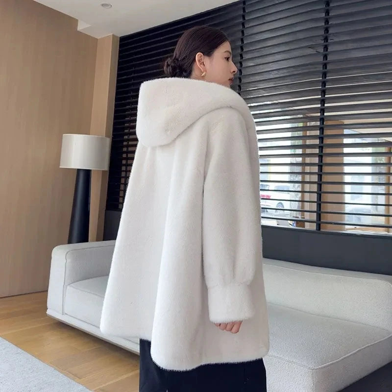 Faux Mink Fur Coat for Women,Covered Button Jackets,Hooded Overcoat,Female Clothes,Thicken Warm,Winter,New, 2025