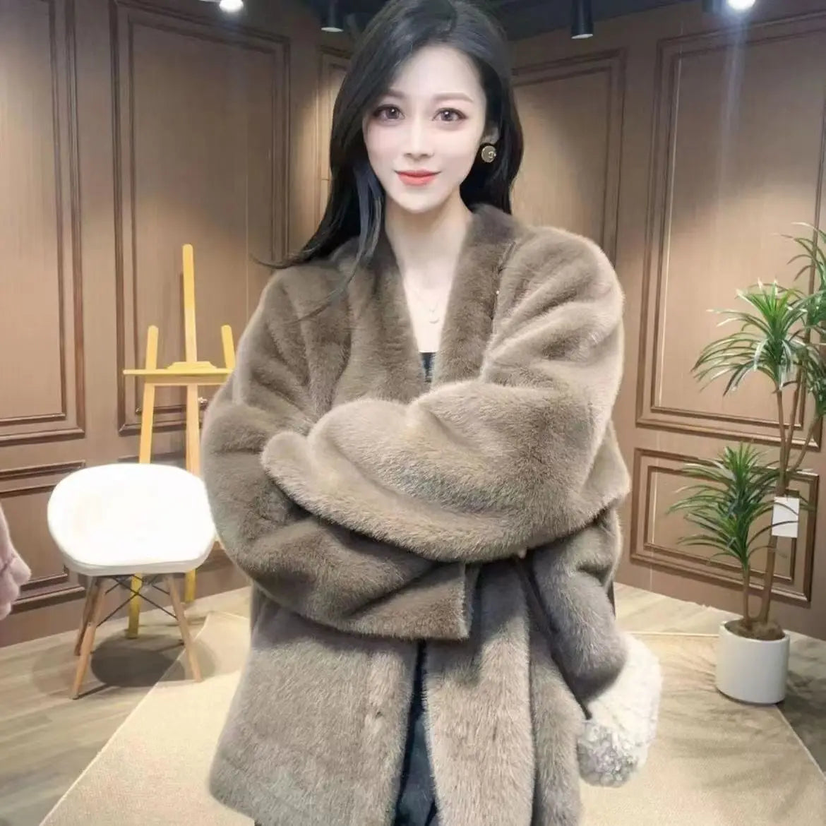 Faux Mink Fur Coat for Women, Open Stitch Jacket,V-Neck Outwear,Thick Furry,Autumn and Winter,New,2024