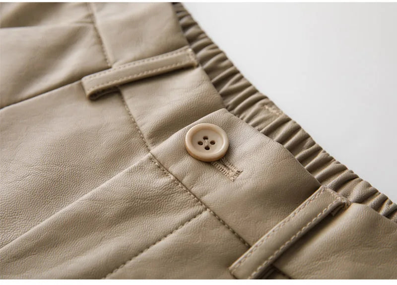 QOERLIN S-4XL Fashion PU Leather Shorts Women's Autumn Winter Bermuda Elastic Waist Loose Five Points Leather Trousers Shorts