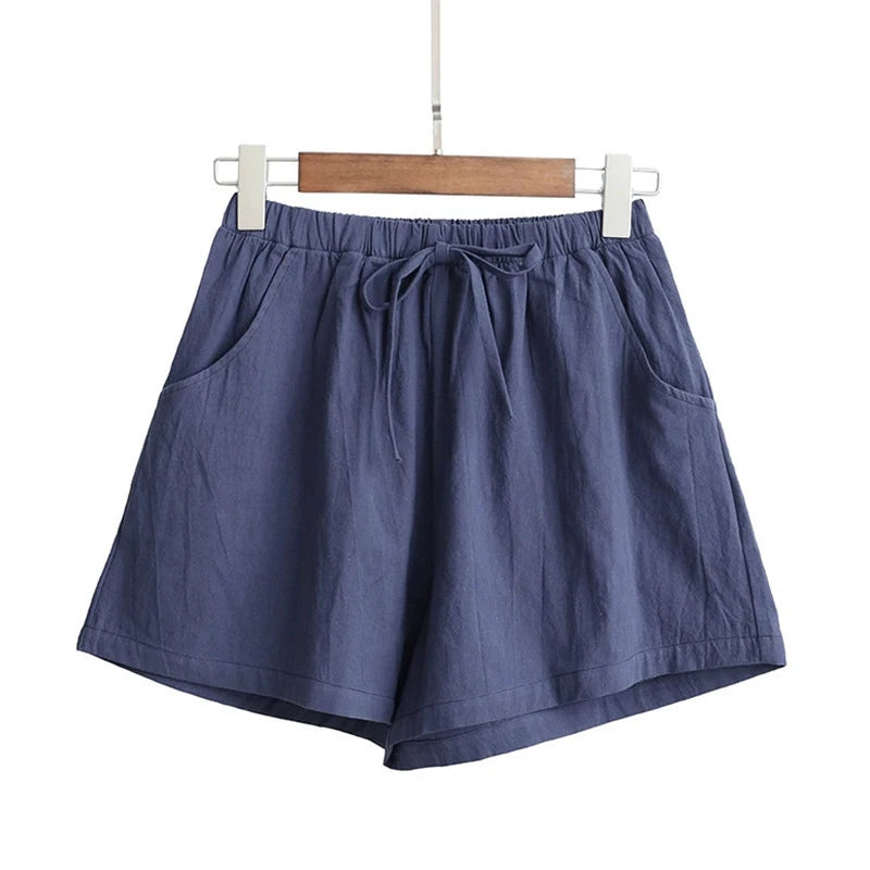 Women Solid Color Shorts High Waist Cotton And Linen Shorts Linen Slimming Loose Hot Pants Light Casual Elastic Waist Pants
