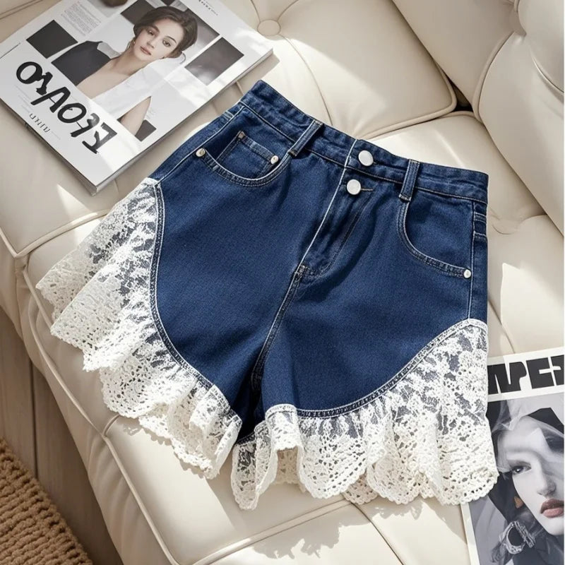 Limiguyue Summer High Waist JeansShort Double Pockets Lace Patchwork Denim Trousers Women Loose Wide Leg Cowboy Shorts New 304A