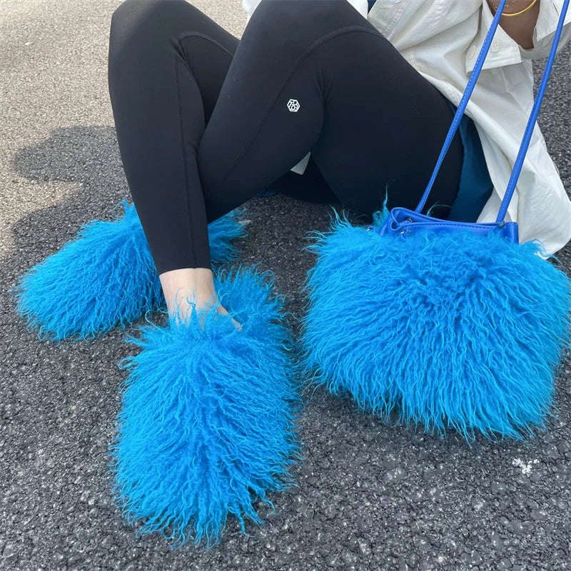 Luxury Colorful Tassels Furry Drawstring Bucket Bag Women Plush Handbag Harajuku Street Punk Y2k Hot Girls Faux Fur Shoulder Bag