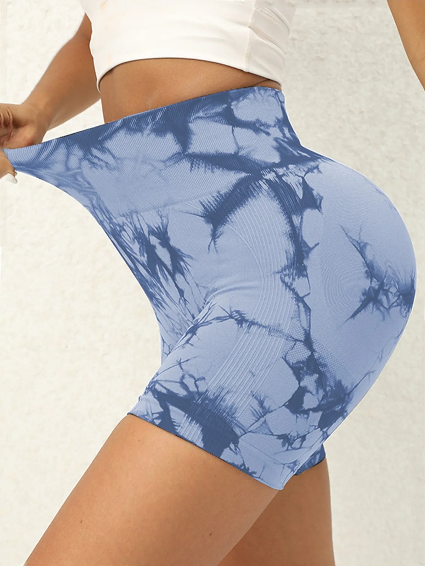 3pcs women's sports waist tightening and hip lifting fitness tie dye shorts