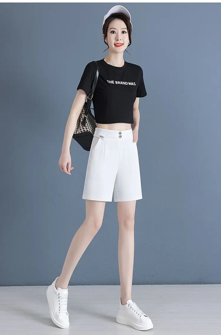 Women Korean Fashion Elegant High Waist Slim Straight Short Pants 2024 Summer Office Lady Chic Commute Casual Black White Shorts